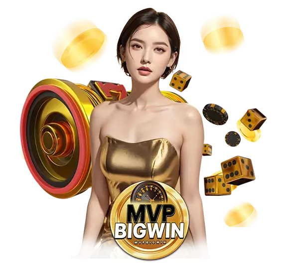 MVPBIGWIN คาสิโนออนไลน์และสล็อตออนไลน์ ภาพผู้หญิงพร้อมเหรียญทองและสัญลักษณ์เกม ลุ้นโบนัสใหญ่ เล่นง่าย ฝากถอนออโต้รวดเร็ว
