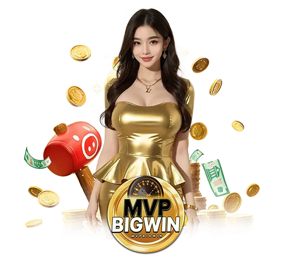 MVPBIGWIN สล็อตออนไลน์ ภาพผู้หญิงชุดทองพร้อมเหรียญทองและสัญลักษณ์เกม ลุ้นโบนัสใหญ่ เล่นง่าย ฝากถอนออโต้รองรับทุกอุปกรณ์